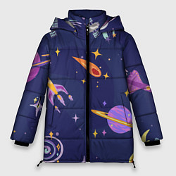Женская зимняя куртка Космический дизайн с планетами, звёздами и ракетам