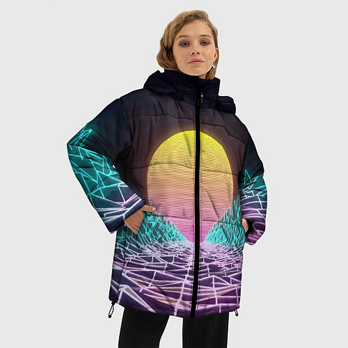 Женская зимняя куртка Vaporwave Закат солнца в горах Neon / 3D-Светло-серый – фото 3