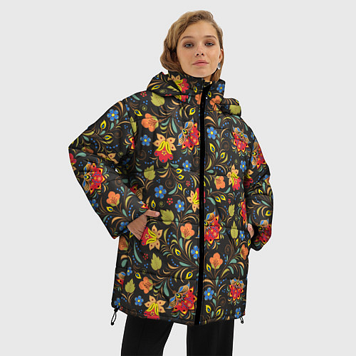 Женская зимняя куртка Хохломские цветочки / 3D-Черный – фото 3