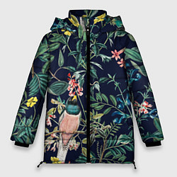 Куртка зимняя женская Цветы и Розовые Птицы В Саду, цвет: 3D-черный