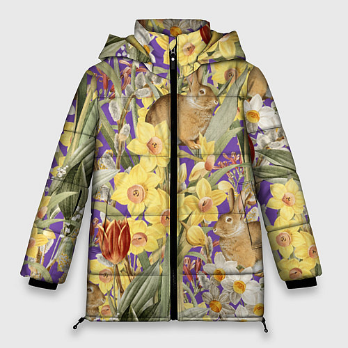 Женская зимняя куртка Цветы Нарциссы и Зайцы / 3D-Красный – фото 1