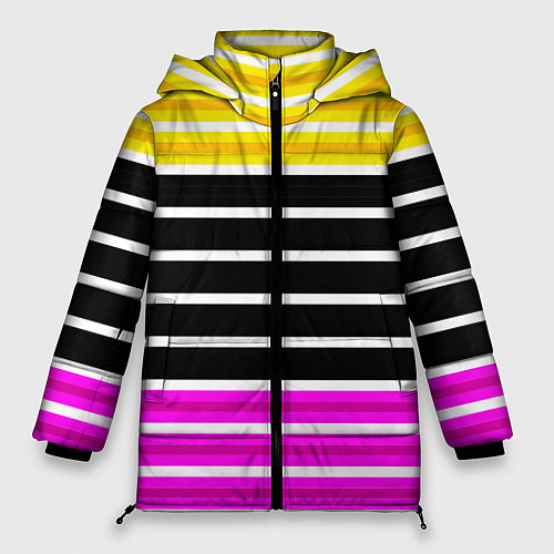 Женская зимняя куртка Желтые розовые и черные полосы на белом / 3D-Красный – фото 1