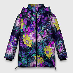 Куртка зимняя женская Цветы Жёлто-Фиолетовые, цвет: 3D-светло-серый