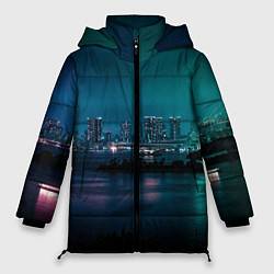 Куртка зимняя женская Неоновый город с рекой - Светло-зелёный, цвет: 3D-красный