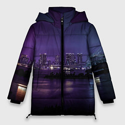 Куртка зимняя женская Неоновый город с рекой - Фиолетовый, цвет: 3D-красный