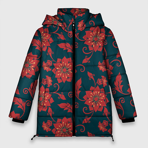Женская зимняя куртка Red flowers texture / 3D-Красный – фото 1