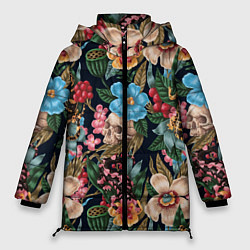 Куртка зимняя женская Паттерн из цветов, черепов и саламандр, цвет: 3D-черный