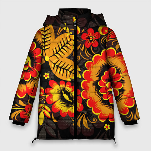 Женская зимняя куртка Хохломская Роспись Цветы На Тёмном Фоне / 3D-Красный – фото 1