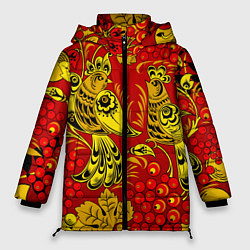 Женская зимняя куртка Хохломская Роспись Две Птици На Красном Фоне