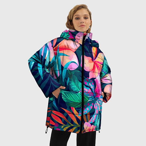 Женская зимняя куртка Яркие тропические цветы Лето / 3D-Черный – фото 3