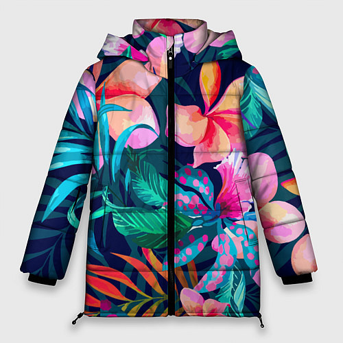 Женская зимняя куртка Яркие тропические цветы Лето / 3D-Красный – фото 1