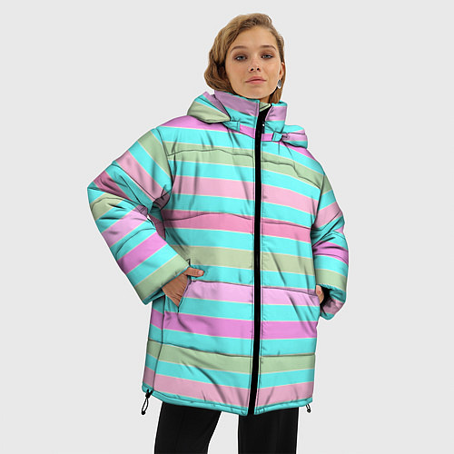 Женская зимняя куртка Pink turquoise stripes horizontal Полосатый узор / 3D-Черный – фото 3