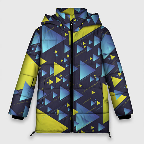 Женская зимняя куртка Абстракция Из Жёлтых и Синих Треугольников На Тёмн / 3D-Красный – фото 1
