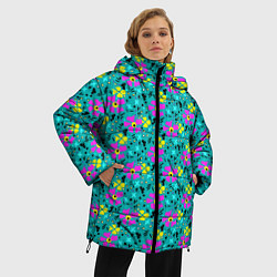 Куртка зимняя женская Яркий цветочный узор на бирюзовом фоне, цвет: 3D-светло-серый — фото 2