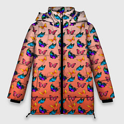 Куртка зимняя женская Яркие и необычные бабочки, цвет: 3D-красный