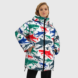 Куртка зимняя женская Стая разноцветных акул - паттерн, цвет: 3D-черный — фото 2