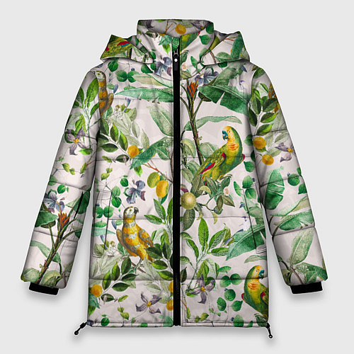 Женская зимняя куртка Желтые Попугаи С Цветами / 3D-Красный – фото 1