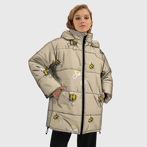 Женская зимняя куртка Цветы Ромашки и Пчёлы / 3D-Черный – фото 3
