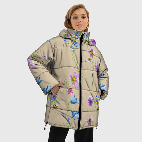 Женская зимняя куртка Нарисованные Цветы Колокольчики и Пчёлы / 3D-Красный – фото 3
