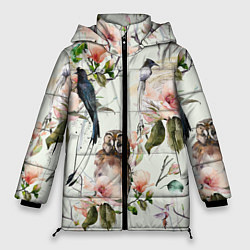 Куртка зимняя женская Цветы Нарисованные Магнолии и Птицы, цвет: 3D-черный