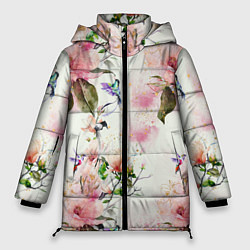 Куртка зимняя женская Цветы Нарисованные Магнолии и Разноцветные Птицы, цвет: 3D-красный