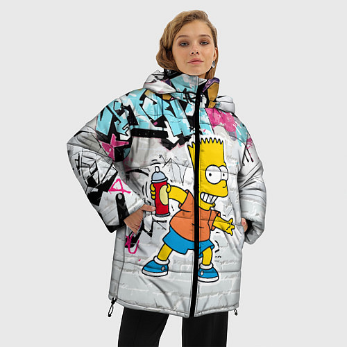 Женская зимняя куртка Барт Симпсон на фоне стены с граффити / 3D-Черный – фото 3