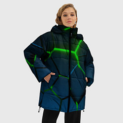Куртка зимняя женская Разлом зеленых неоновых плит - геометрия, цвет: 3D-черный — фото 2