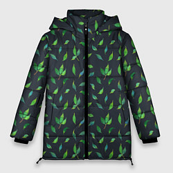 Куртка зимняя женская Зеленые листья и веточки на темном фоне, цвет: 3D-светло-серый