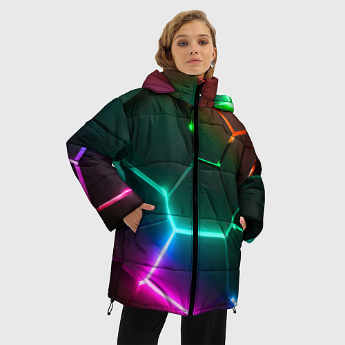 Женская зимняя куртка Радужный градиент неоновые геометрические плиты / 3D-Черный – фото 3