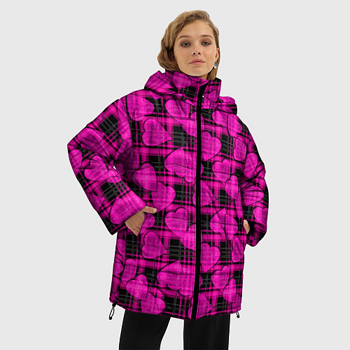 Женская зимняя куртка Black and pink hearts pattern on checkered / 3D-Красный – фото 3