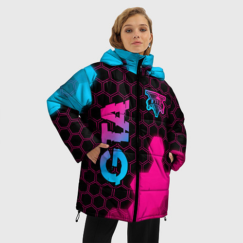 Женская зимняя куртка GTA - neon gradient: надпись, символ / 3D-Черный – фото 3