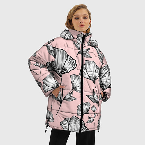 Женская зимняя куртка Графичные цветы на пудровом фоне / 3D-Черный – фото 3