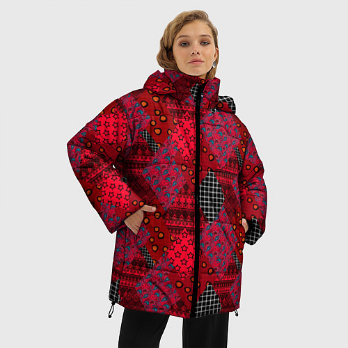 Женская зимняя куртка Красный лоскутный узор пэчворк / 3D-Светло-серый – фото 3