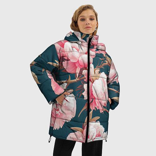 Женская зимняя куртка Элегантные бутоны пионов / 3D-Черный – фото 3