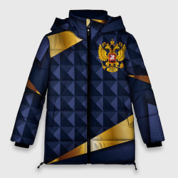 Куртка зимняя женская Золотой герб России на объемном синим фоне, цвет: 3D-красный