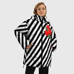Куртка зимняя женская Черно-белые полоски с букетом роз, цвет: 3D-черный — фото 2