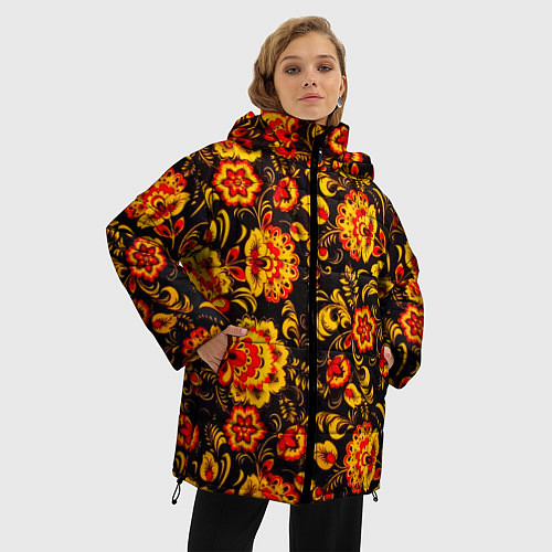 Женская зимняя куртка Хохлома роспись / 3D-Черный – фото 3