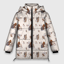 Куртка зимняя женская Хюгге паттерн с домиками и цветами хлопка, цвет: 3D-светло-серый