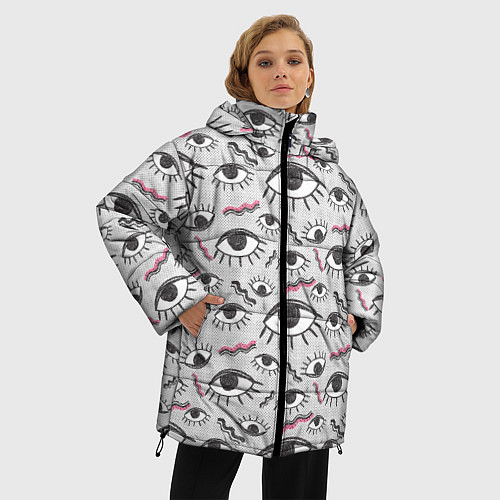 Женская зимняя куртка Глаз с ресницами поп арт / 3D-Светло-серый – фото 3