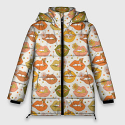 Куртка зимняя женская Губы и цветы поп арт хиппи, цвет: 3D-черный
