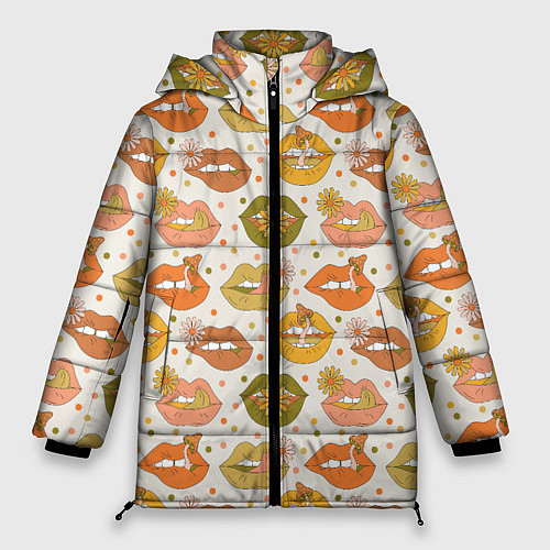 Женская зимняя куртка Губы и цветы поп арт хиппи / 3D-Красный – фото 1