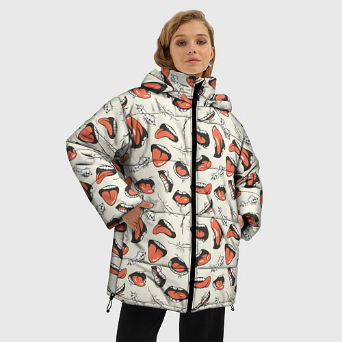 Женская зимняя куртка Рот с языком поп арт / 3D-Черный – фото 3