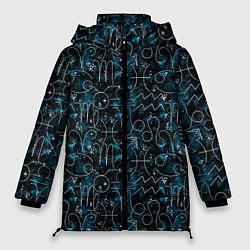 Куртка зимняя женская Знаки зодиака и звезды на сине- черном фоне, цвет: 3D-светло-серый