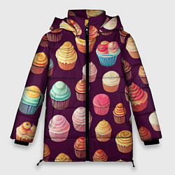 Куртка зимняя женская Много нарисованных капкейков, цвет: 3D-черный