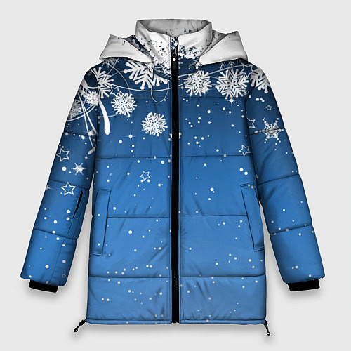 Женская зимняя куртка Снежный узор на синем фоне / 3D-Красный – фото 1