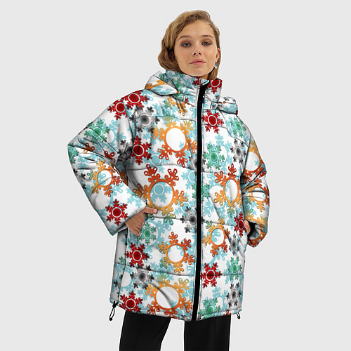 Женская зимняя куртка Новогодний декор бумажные разноцветные снежинки / 3D-Черный – фото 3