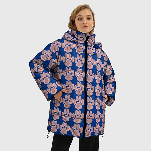 Женская зимняя куртка След собаки на синем фоне / 3D-Черный – фото 3