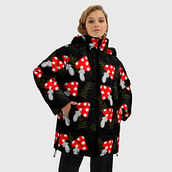 Куртка зимняя женская Мухоморы на черном фоне, цвет: 3D-черный — фото 2