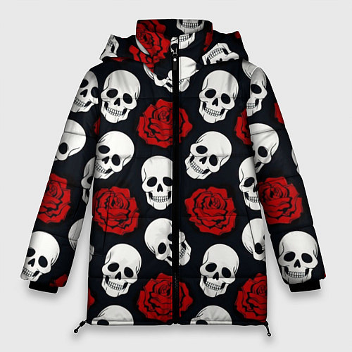 Женская зимняя куртка Весёлые черепки и розы / 3D-Светло-серый – фото 1