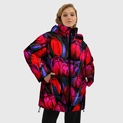 Куртка зимняя женская Тюльпаны - поле красных цветов, цвет: 3D-красный — фото 2